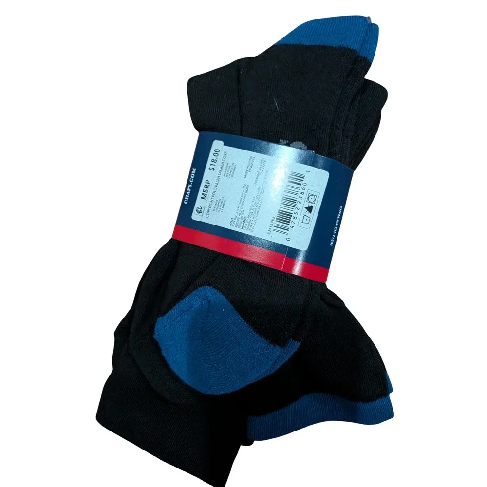 Chaps Mens Pima Cotton Blend Performance Crew Socks 3 Pairs Black Blue NEW
